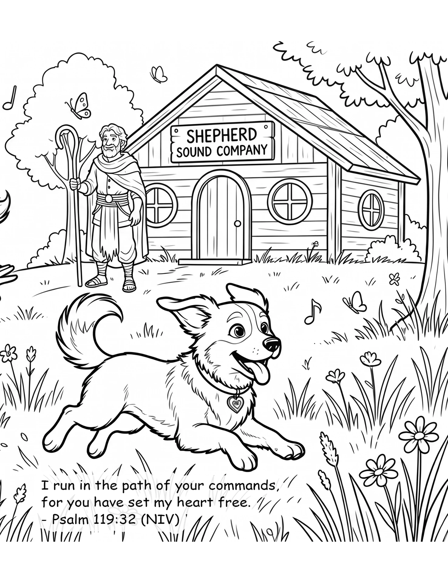 Nancy's dog Skeet running past the Shepherd Sound Company cabin